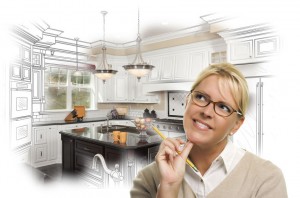 Creative Woman With Pencil Over Custom Kitchen Design Drawing and Photo Combination on White.